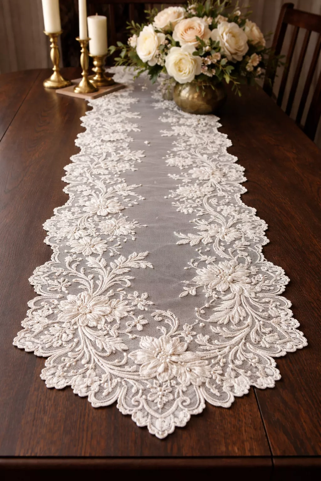 A realistic photo of a long white lace table runner over a dark wood table, featuring intricate floral patterns and pearl bead accents.