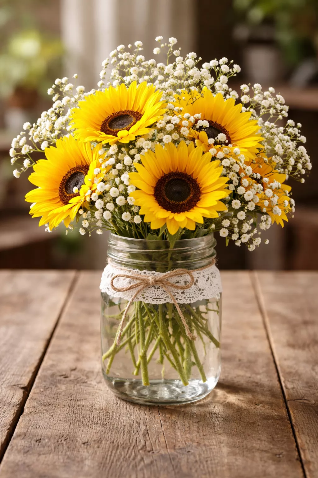 A realistic photo of a clear mason jar with a white lace ribbon filled with yellow sunflowers and baby's breath.