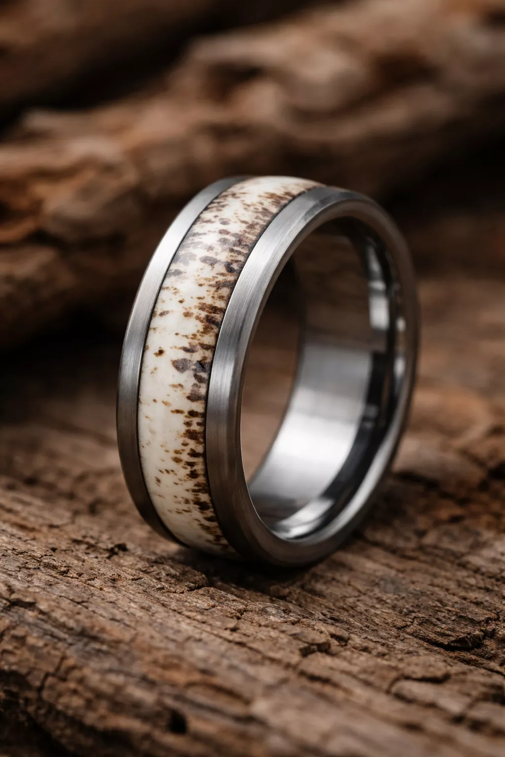 A realistic photo of a rugged titanium ring with a naturally textured white deer antler inlay.