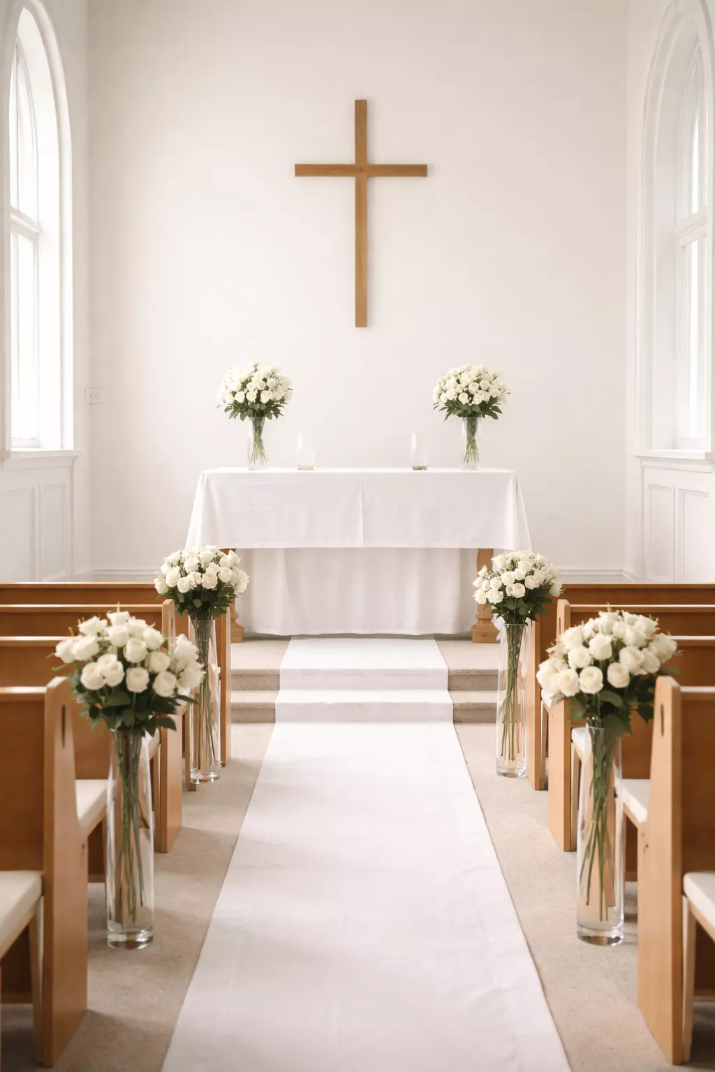 A realistic photo of a sparse church sanctuary featuring only a few clusters of white long-stemmed roses in slender glass vases and white linens.