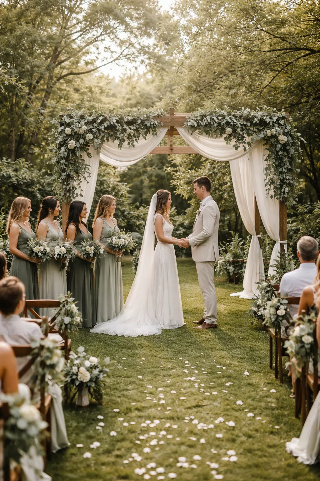 Sage Green Serenity A realistic photo of a boho garden wedding ceremony with sage green eucalyptus garlands, ivory silk drapes, and mismatched bridesmaid dresses in muted green tones.