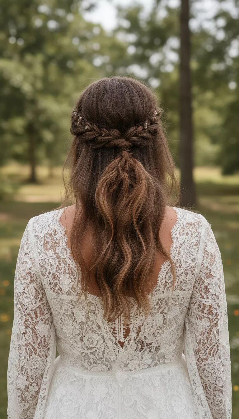 casual photo of a 26-year-old bride wearing a boho lace top with a half-up half-down hairstyle featuring small braids, back view, shot with an iPhone 15 Pro Max