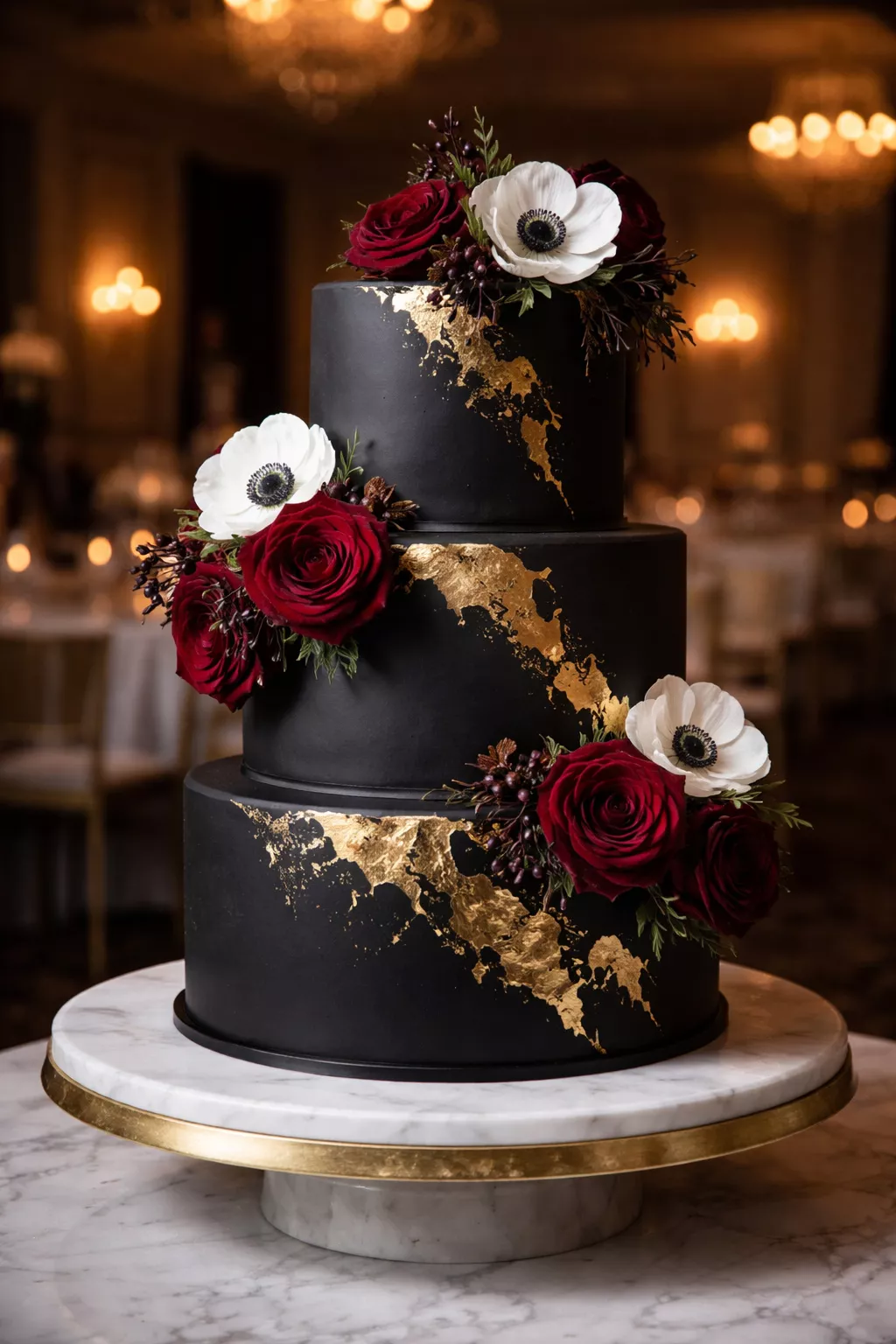 Dramatic Black and Gold Cake A realistic photo of a sleek black fondant wedding cake accented with hand-applied edible gold leaf and dark red roses alongside white anemones, displayed on a marble pedestal in a luxurious dimly lit reception hall.