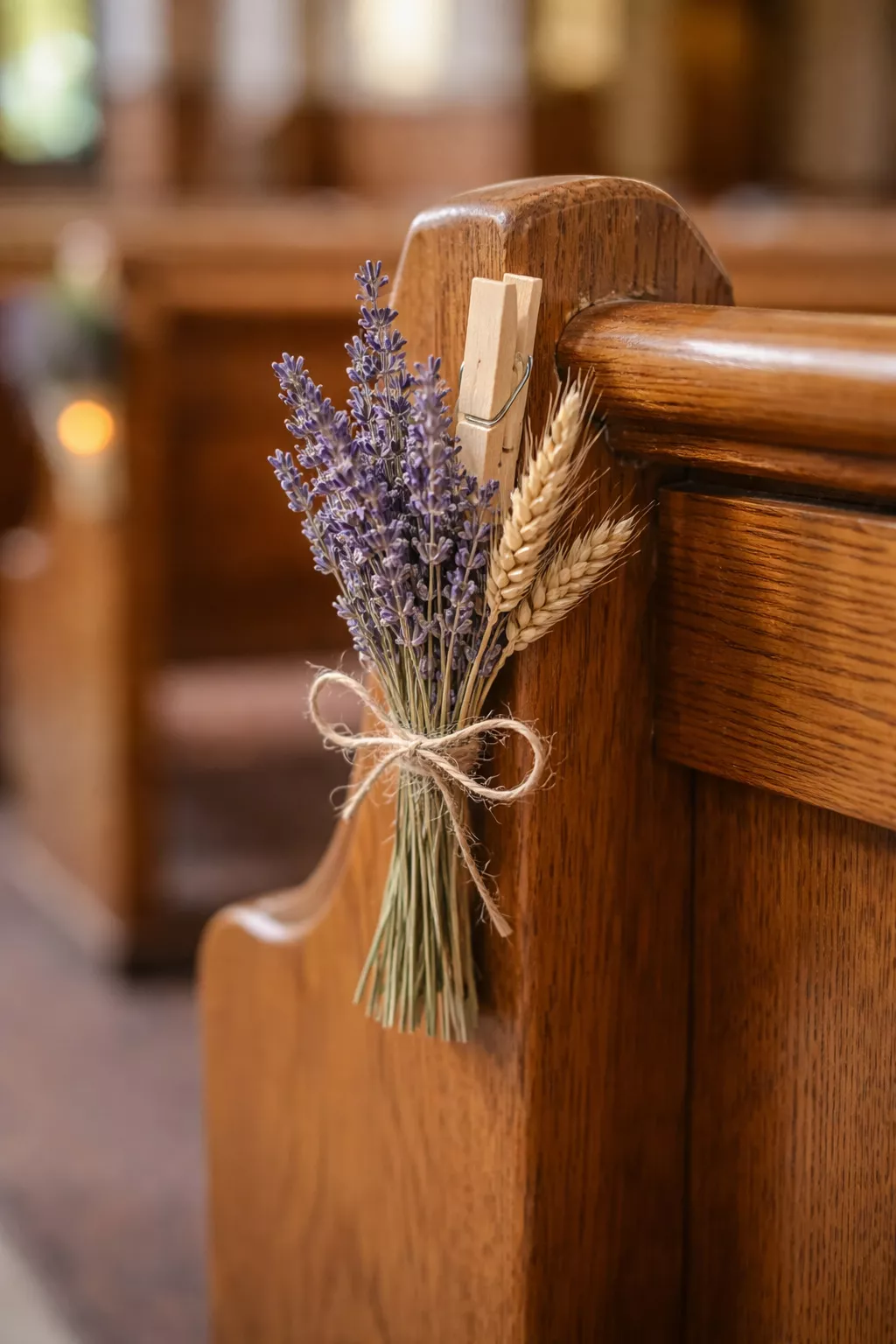 A realistic photo of a simple light wood clip holding a small bunch of dried lavender and wheat on the side of a traditional church pew.