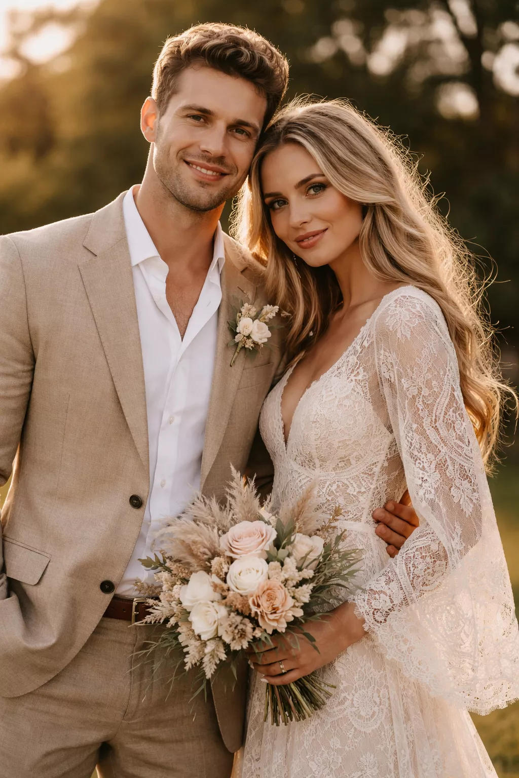 A realistic photo of a groom in a tan linen suit with a matching flower boutonniere standing next to a bride in a boho lace dress.