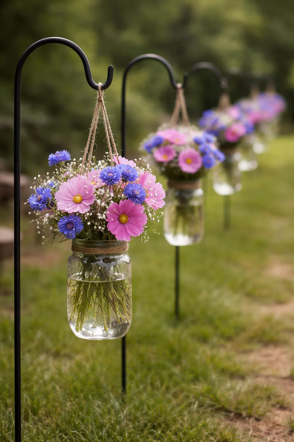 A realistic photo of clear mason jars filled with pink cosmos and blue bachelor's buttons hanging from black metal shepherd's hooks along a grassy aisle.