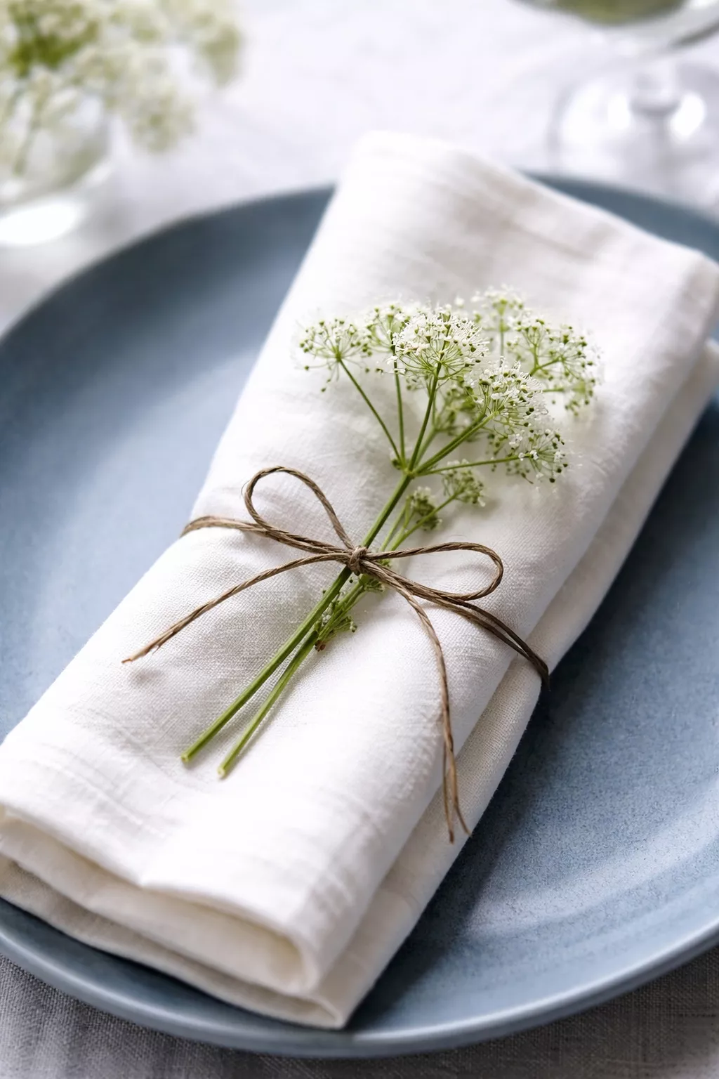A realistic photo of a white linen napkin wrapped with a sprig of white Queen Anne's lace and tied with a thin brown cord on a blue plate.