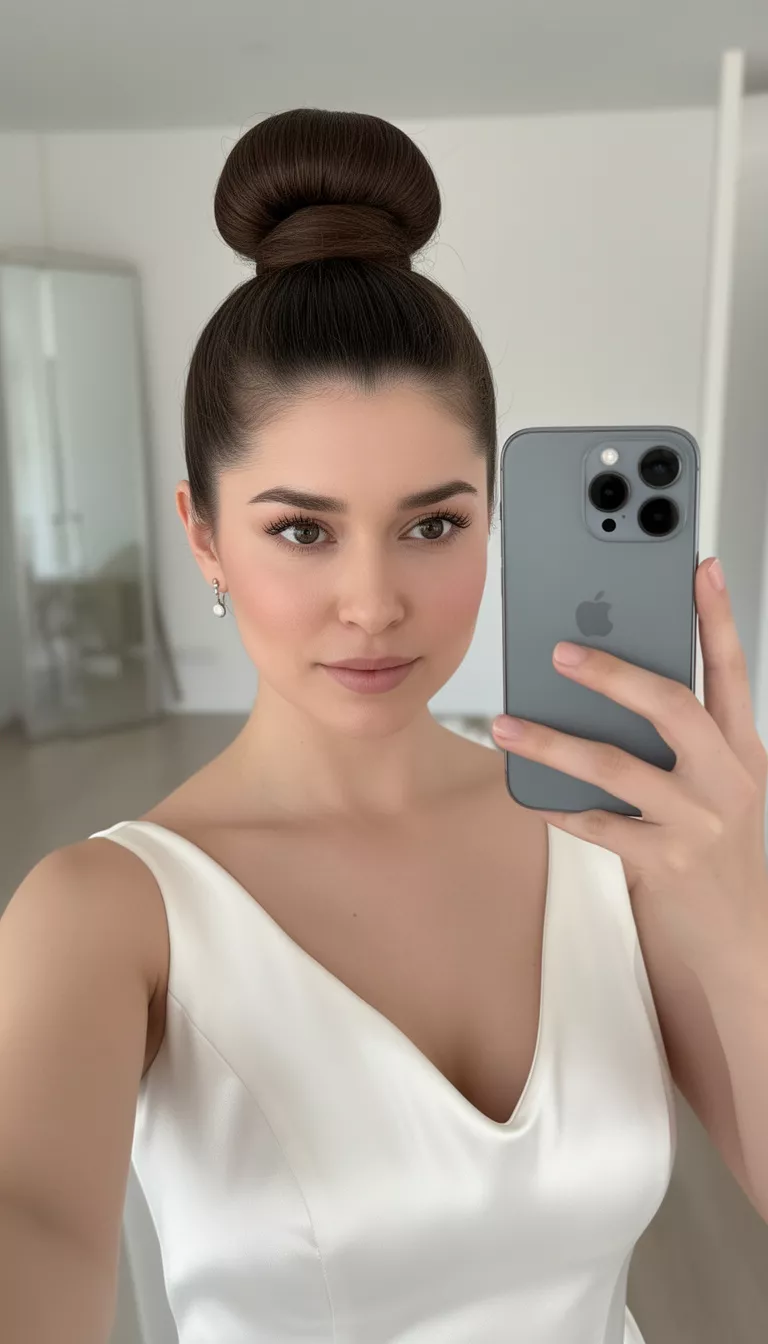 selfie of a 27-year-old bride wearing a minimalist satin dress with a high sculpted ballerina bun, shot with an iPhone 15 Pro Max