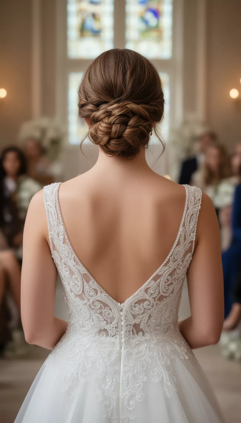 close-up photo of a 33-year-old bride wearing a formal sleeveless gown with an intricate braided low chignon, back view, shot with an iPhone 15 Pro Max