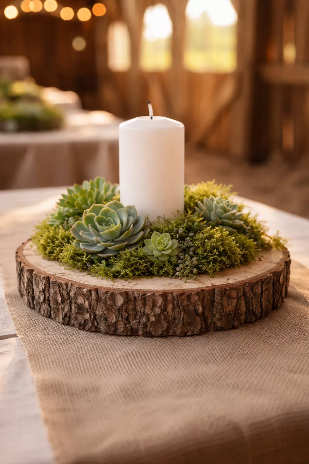 Rustic Wooden Slice Centerpieces A realistic photo of a thick natural wood slice centerpiece topped with a white pillar candle, green succulents, and soft forest moss, placed on a burlap table runner in a sunlit barn setting.
