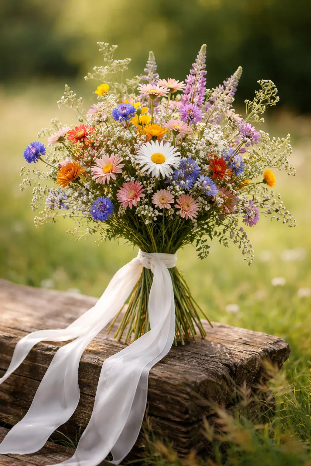 A realistic photo of a bridal bouquet featuring colorful wildflowers and tied with a long white silk ribbon.