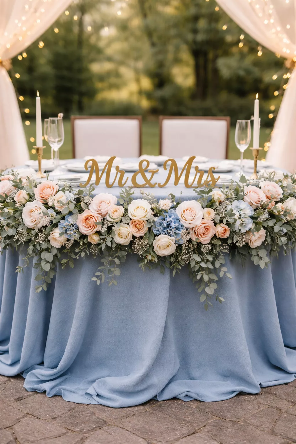 A realistic photo of a sweetheart table with a dusty blue linen cloth and a gold Mr and Mrs sign with a large flower garland draped over the front