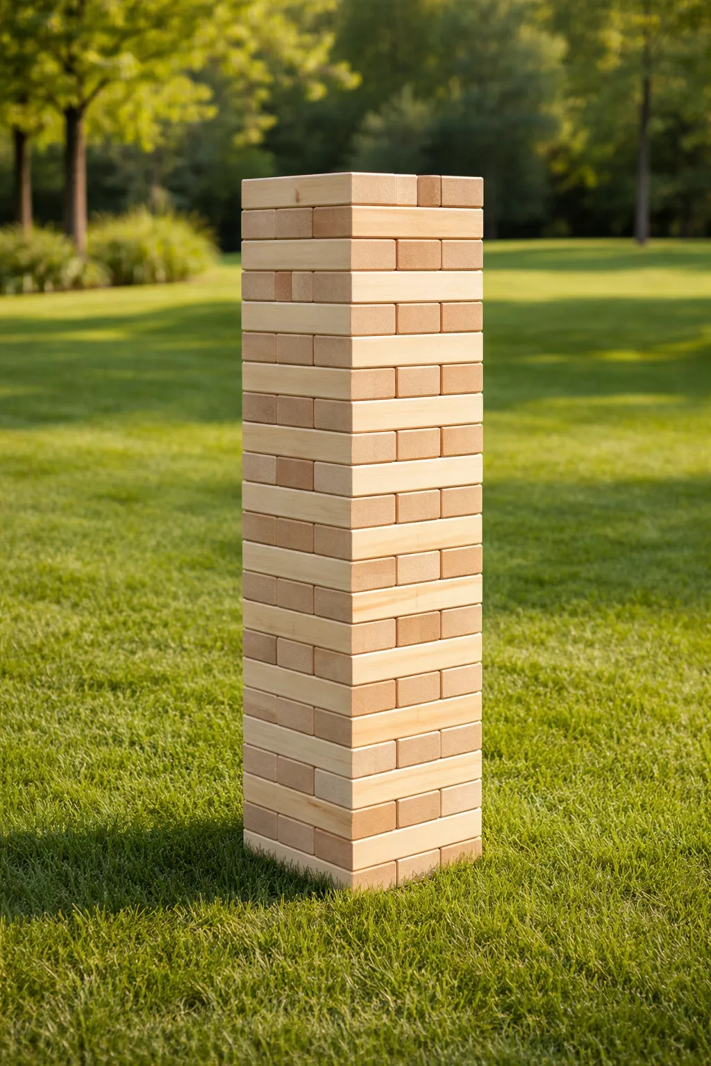 A realistic photo of a tall giant jenga tower made of light wood blocks standing on a green manicured lawn.