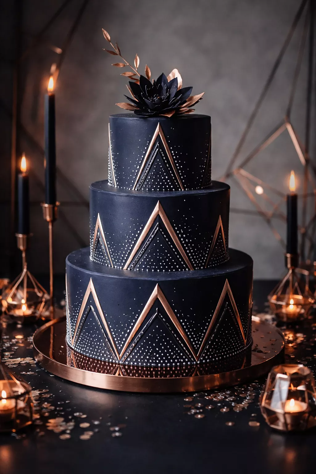 Bold Geometric Dots Cake A realistic photo of a dark navy wedding cake decorated with precise white geometric dots and sharp triangular patterns, styled with metallic copper accents in a modern, edgy setting.