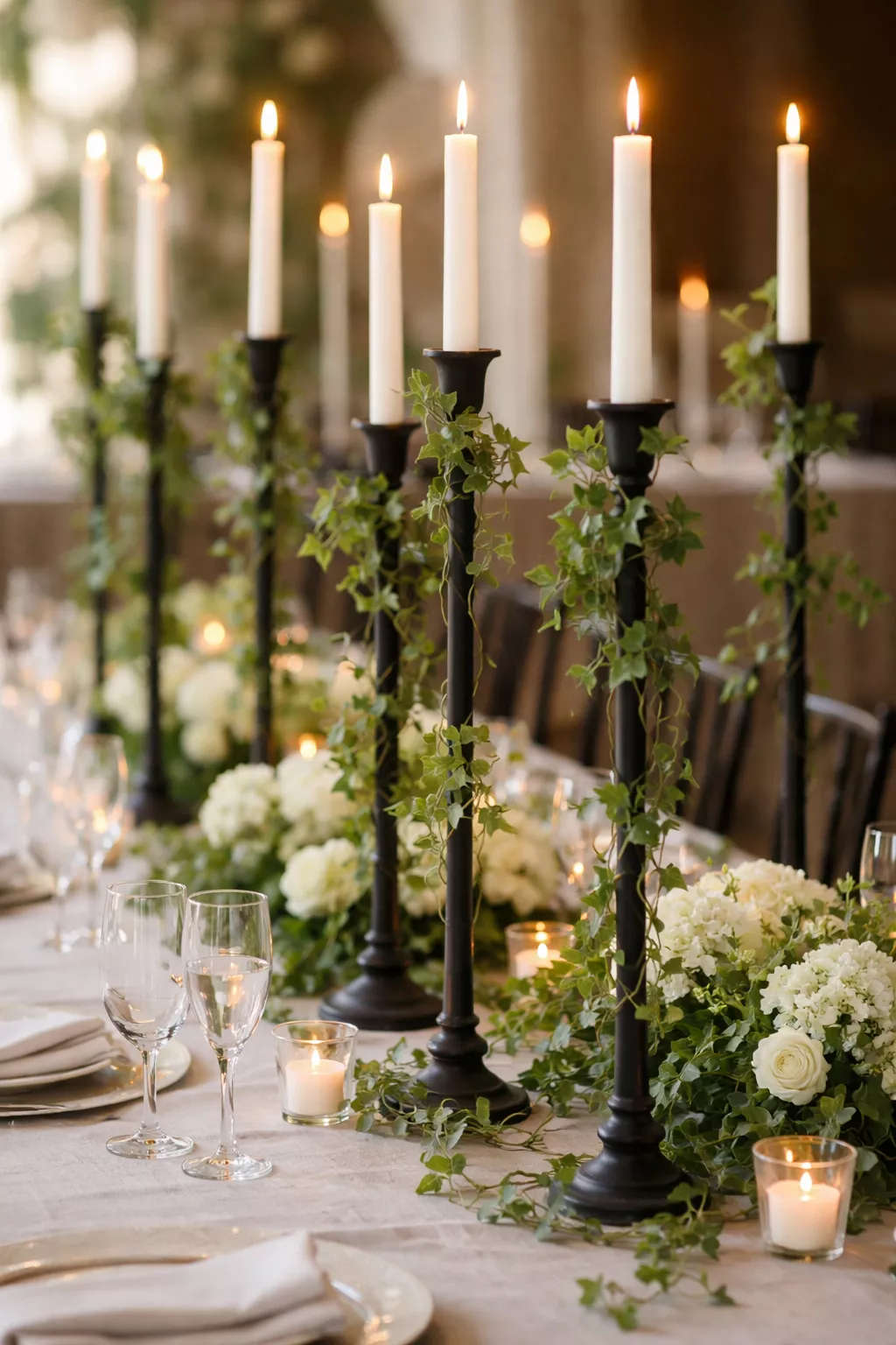 A realistic photo of tall black iron candlesticks draped with green ivy vines and white taper candles on a long table.