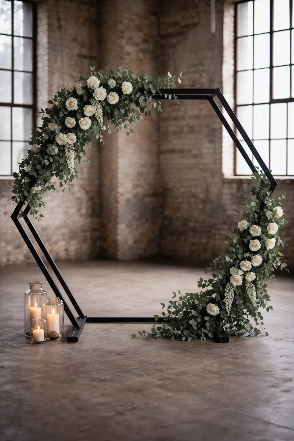 A realistic photo of a black metal hexagonal wedding arch decorated with dark green eucalyptus leaves and white roses, standing in an industrial loft space.