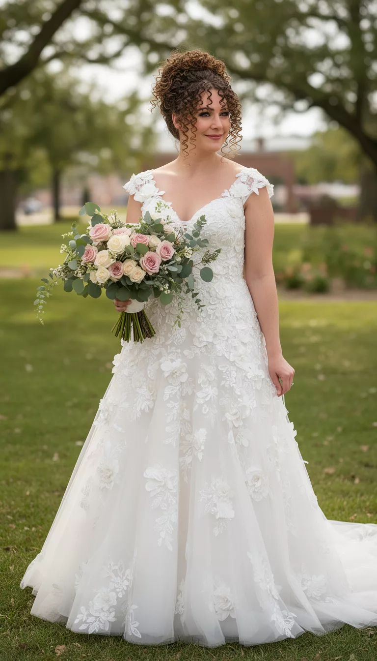 casual photo of a 31-year-old bride wearing a floral appliqued wedding gown with a Curly Updo with Spiral Bangs, shot with an iPhone 15 Pro Max