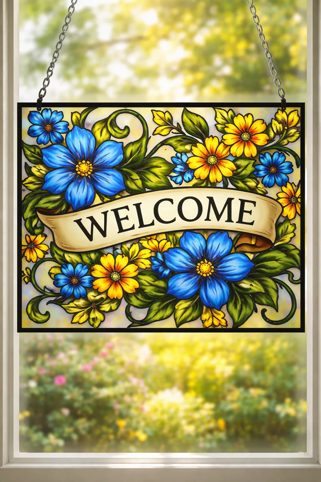 A realistic photo of a colorful faux stained glass sign made from plexiglass and black leading, featuring artful floral patterns in blue and yellow.