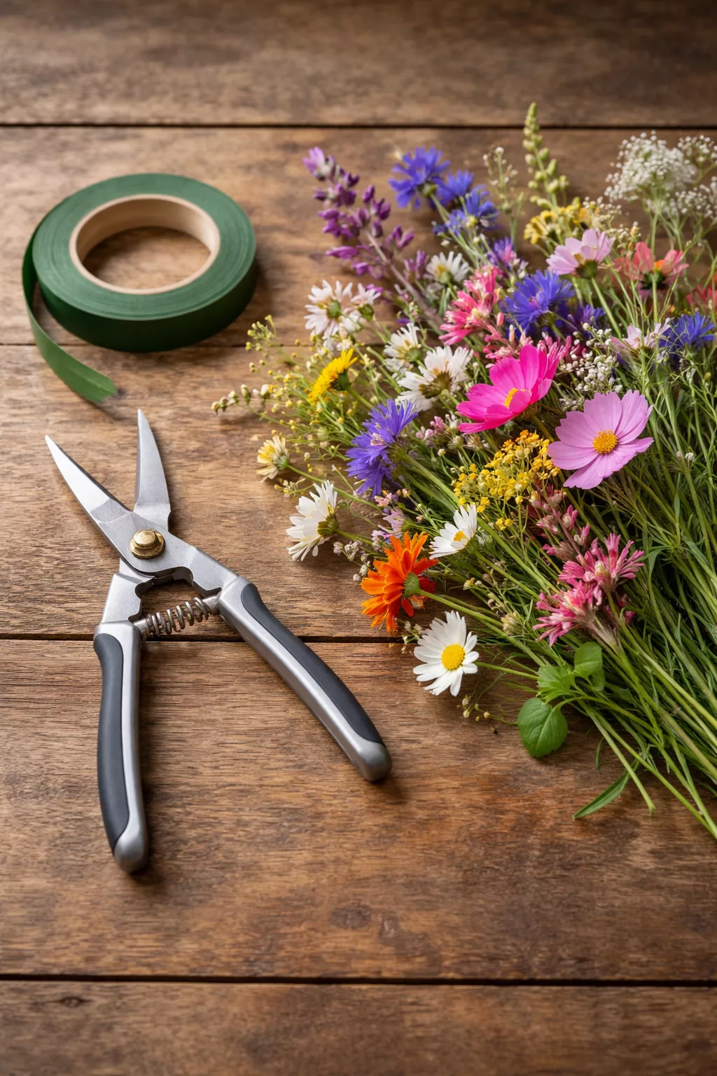 A realistic photo of a pair of silver floral shears and a roll of green floral tape next to a pile of fresh-cut colorful wildflowers.