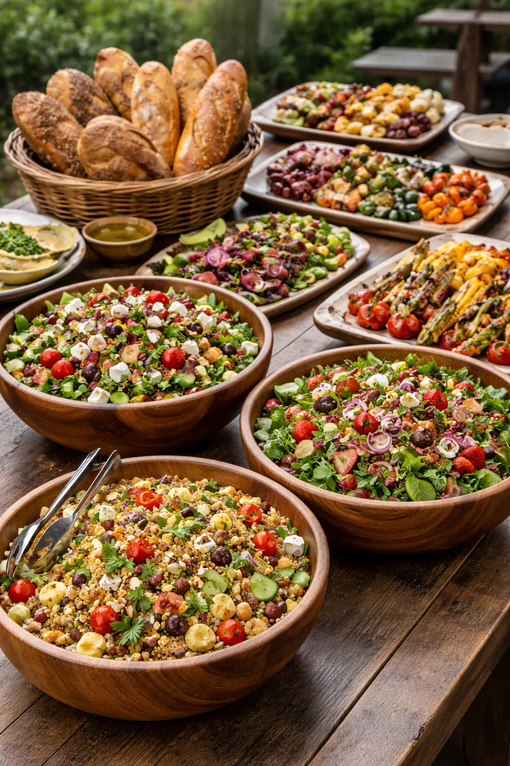 Farm-to-Table Intimate Feast A realistic photo of a buffet table featuring large wooden bowls of fresh salads, artisanal bread loaves, and platters of grilled vegetables.
