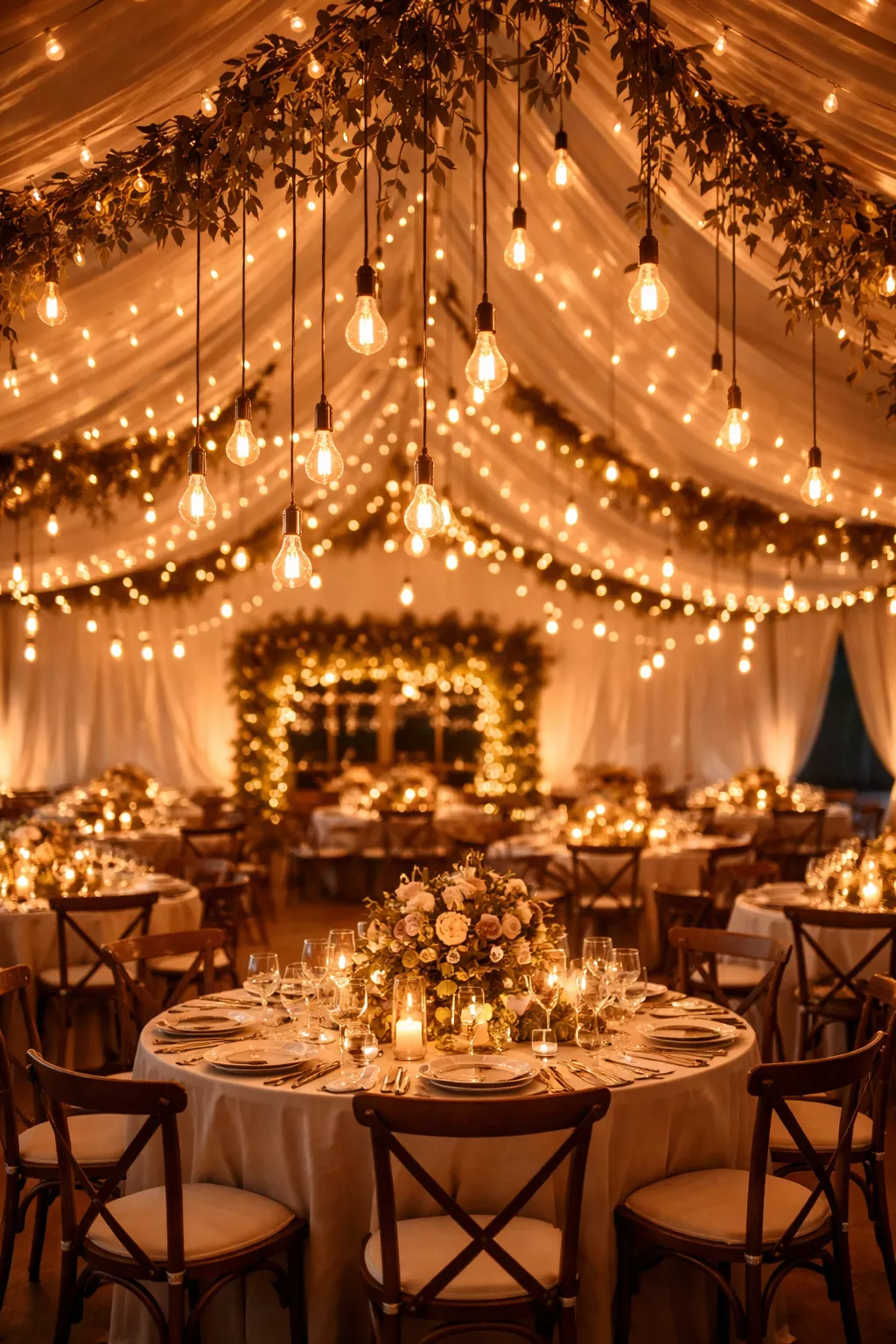 Cinematic Ambient Lighting A realistic photo of a wedding reception space with warm light canopies and Edison bulbs hanging at various heights.