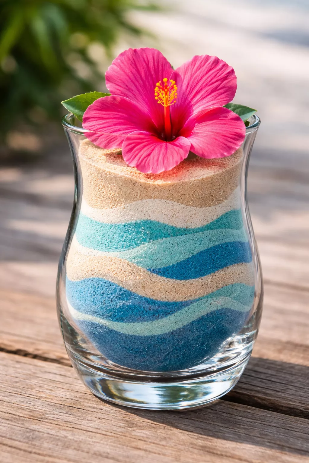 A realistic photo of a glass vase with layered blue and tan sand topped with a bright pink tropical hibiscus flower.