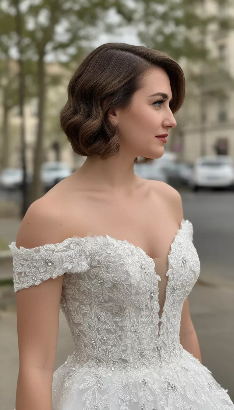 casual photo of a 33-year-old bride wearing a glamorous off-the-shoulder wedding dress with short hair styled in side-swept waves, profile view, shot with an iPhone 15 Pro Max