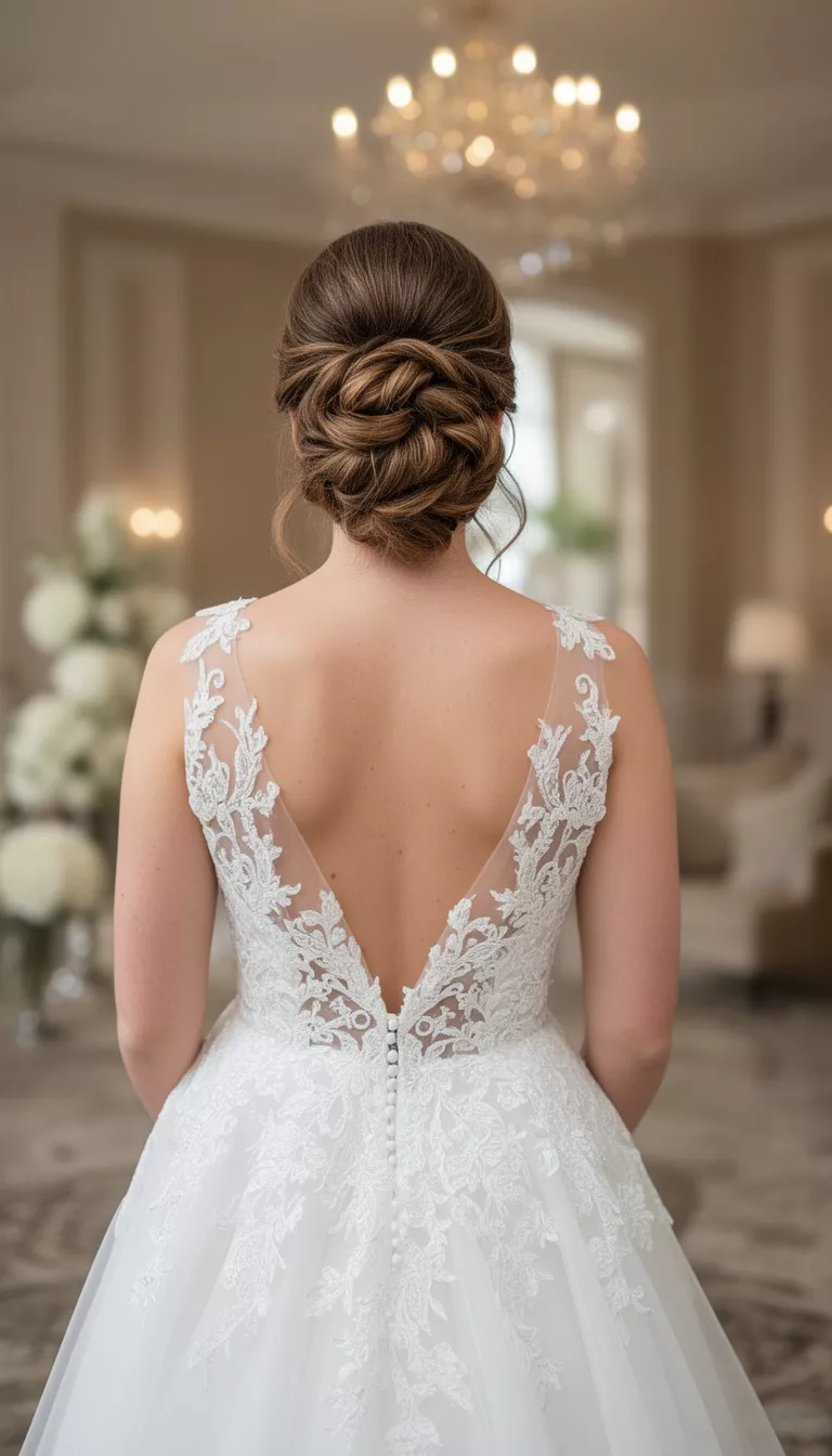 selfie of a 35-year-old bride wearing an open-back wedding dress with an intricate twisted back bun, back view, shot with an iPhone 15 Pro Max