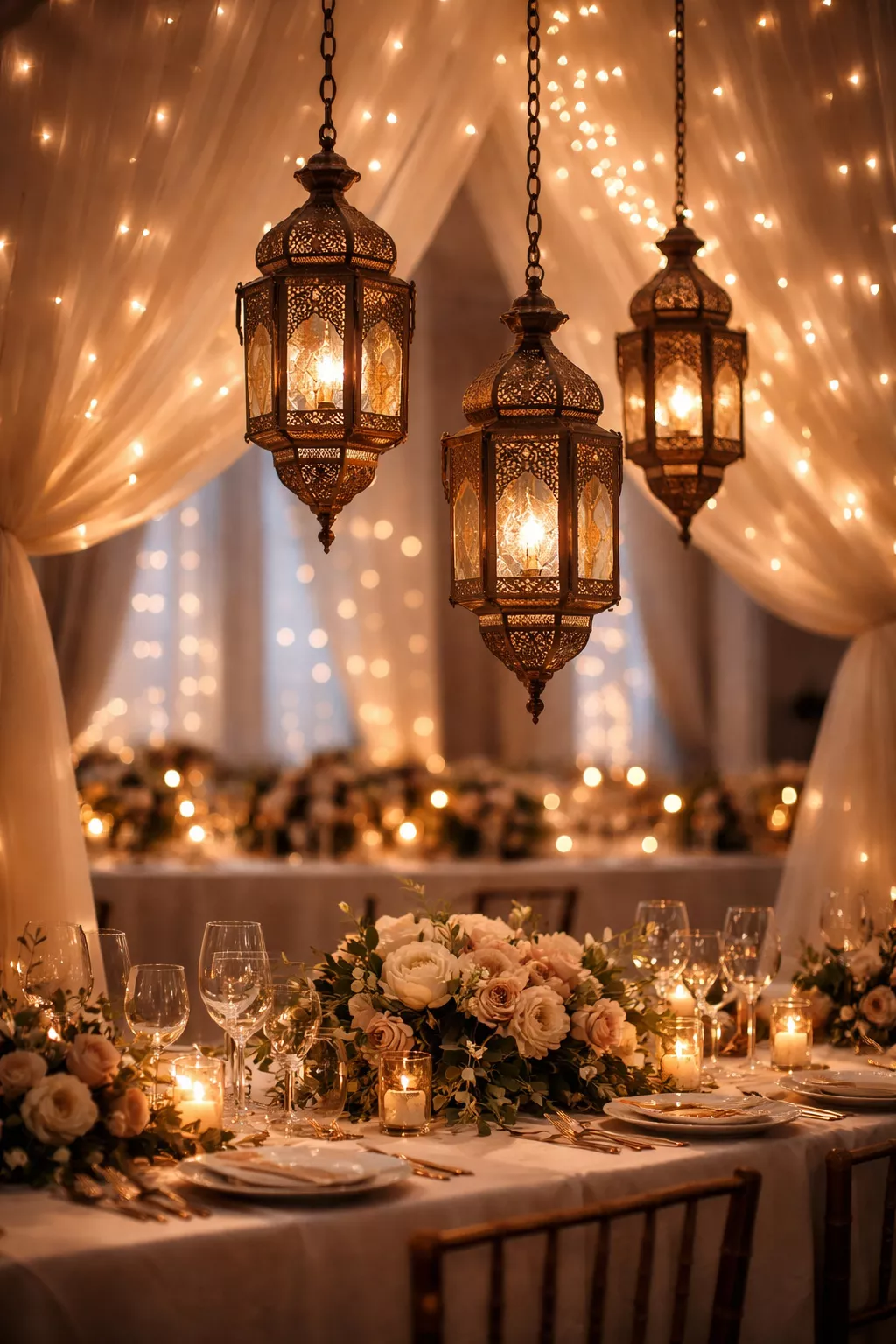 A realistic photo of bronze moroccan lanterns hanging above a wedding table with warm fairy lights and sheer white fabric.