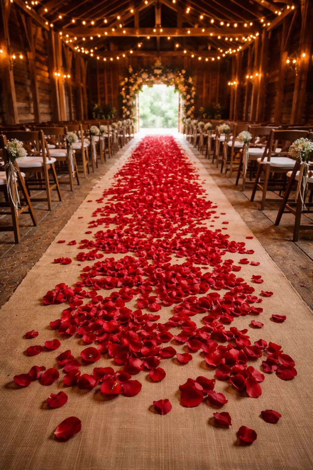 Petal-Strewn Aisle Runners A realistic photo of a long tan burlap aisle runner covered in a thick scattering of red rose petals inside a rustic barn.