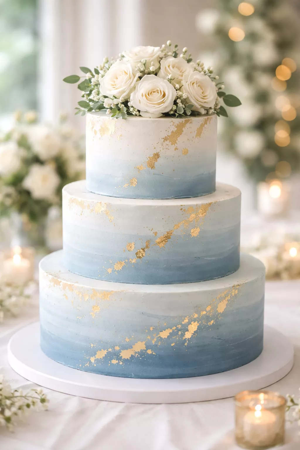 A realistic photo of a three tiered wedding cake with a dusty blue ombre buttercream finish and gold leaf accents topped with white roses