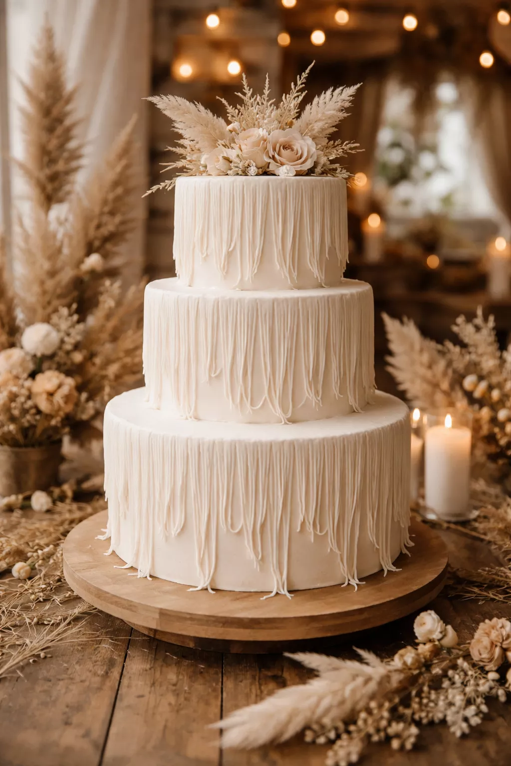 Fringe Frosting Cake A realistic photo of a white wedding cake featuring long, thin fringes of frosting that hang down each tier, giving it a playful movement, in a boho-chic indoor setting.