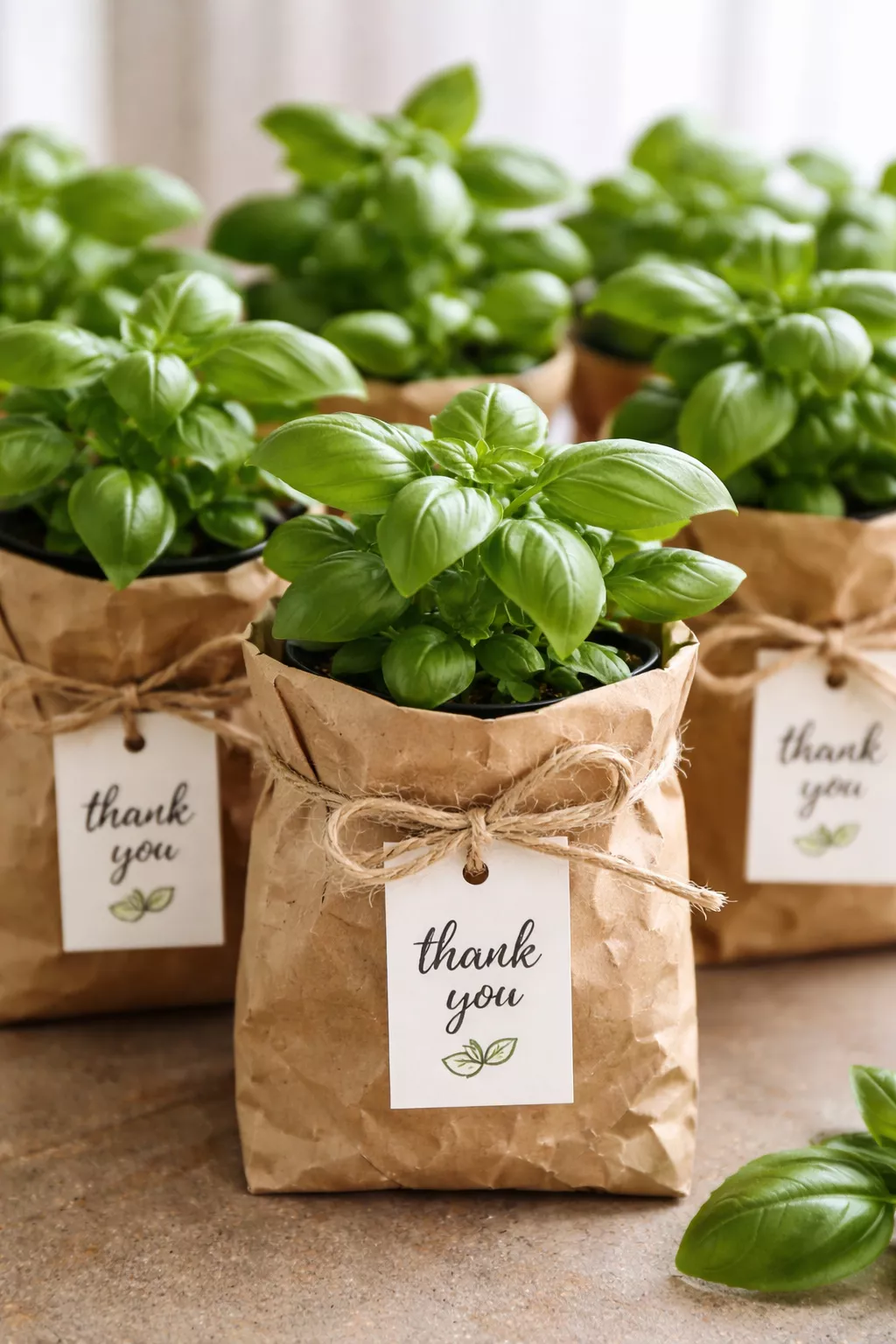 A realistic photo of several small green basil plants in brown paper bags with small white thank you tags.