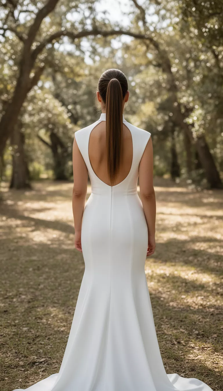 casual photo of a 26-year-old bride wearing a modern high-neck column dress with a modern high ponytail, back view, shot with an iPhone 15 Pro Max