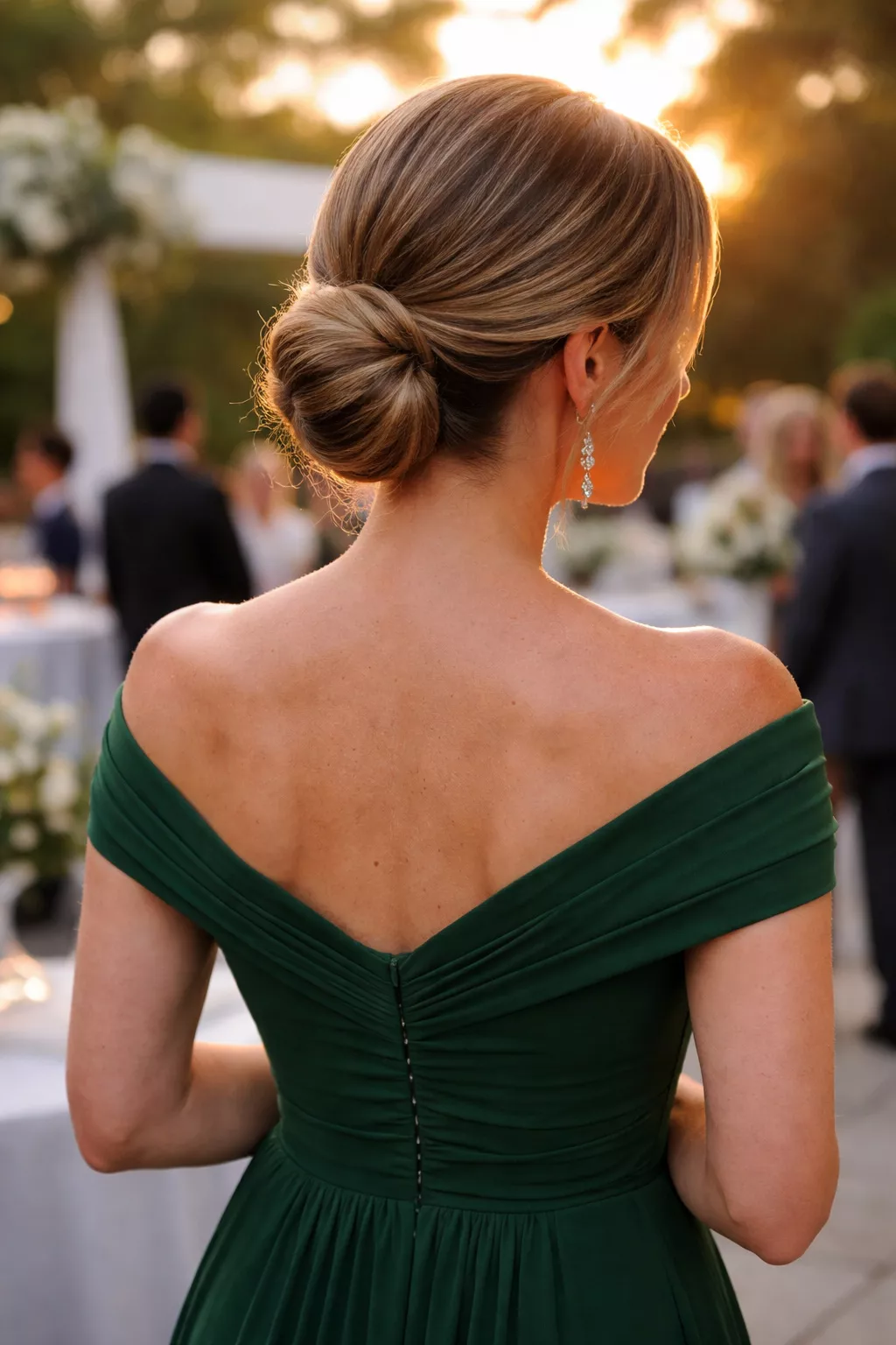 close-up casual photo of a 40-year-old wedding guest wearing a forest green gown with a classic chignon, back view, shot with an iPhone 15 Pro Max