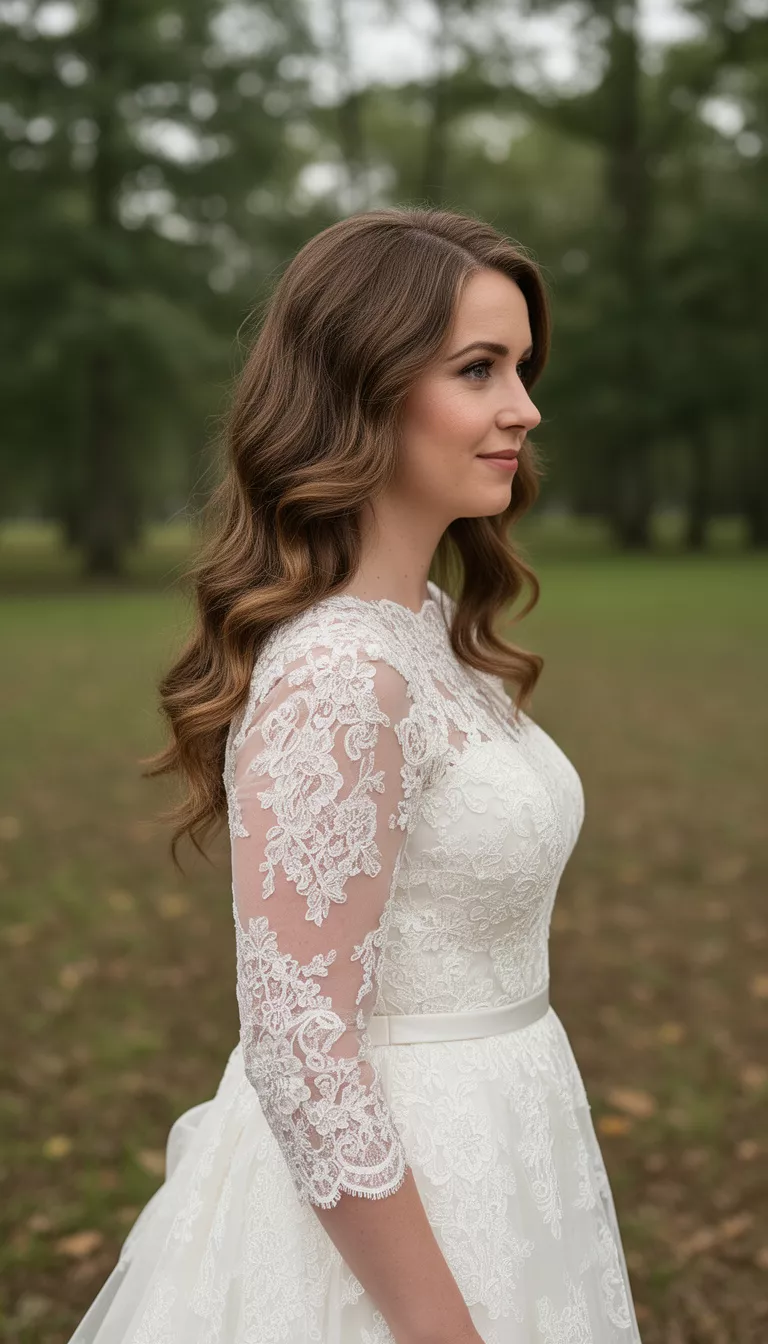 casual photo of a 36-year-old bride wearing a vintage-style lace gown with side-swept loose waves, side view, shot with an iPhone 15 Pro Max