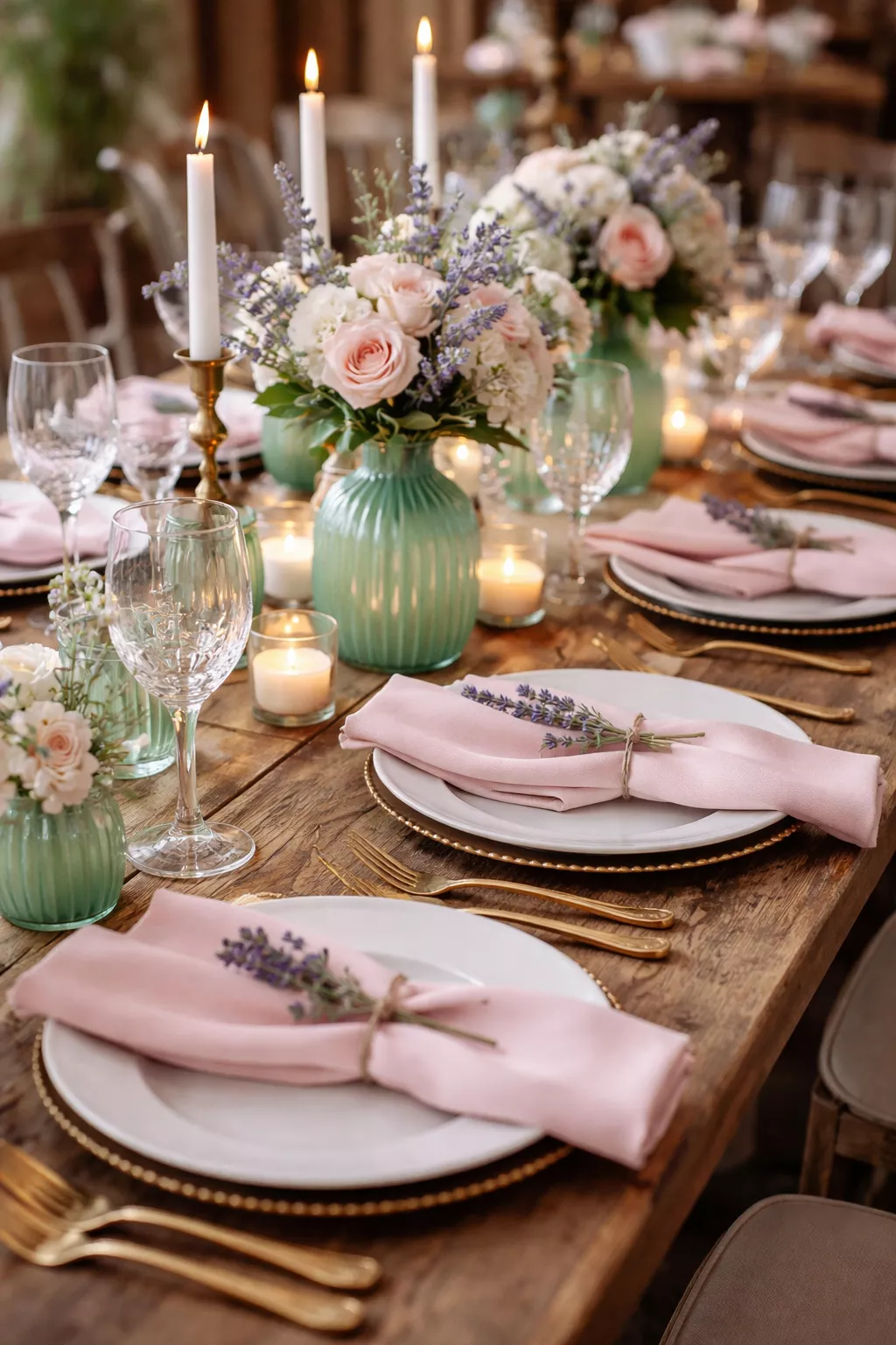 Soft Pastel Color Palettes A realistic photo of a wedding table setting featuring blush pink napkins, mint green glass vases, and lavender sprigs on a rustic wood table.