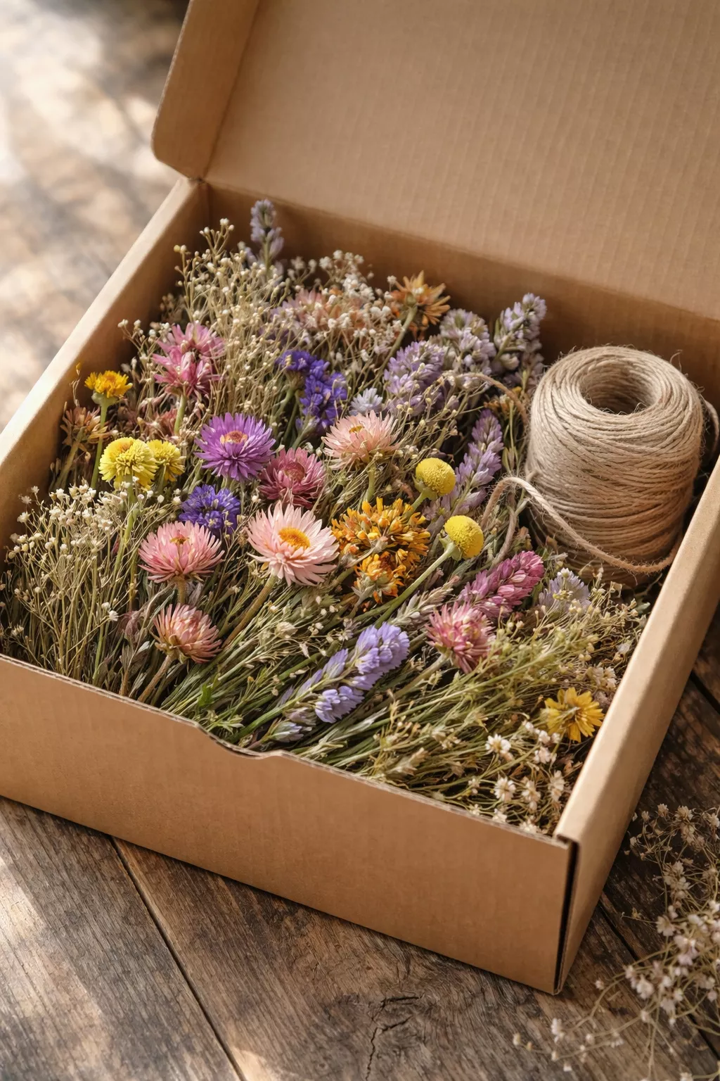 A realistic photo of a brown cardboard box filled with dried colorful wildflowers and a roll of twine.