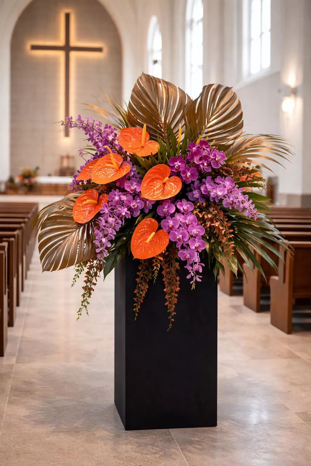 A realistic photo of a modern church floral installation featuring bright orange anthuriums, purple orchids, and sculptural tropical leaves on a black pedestal.