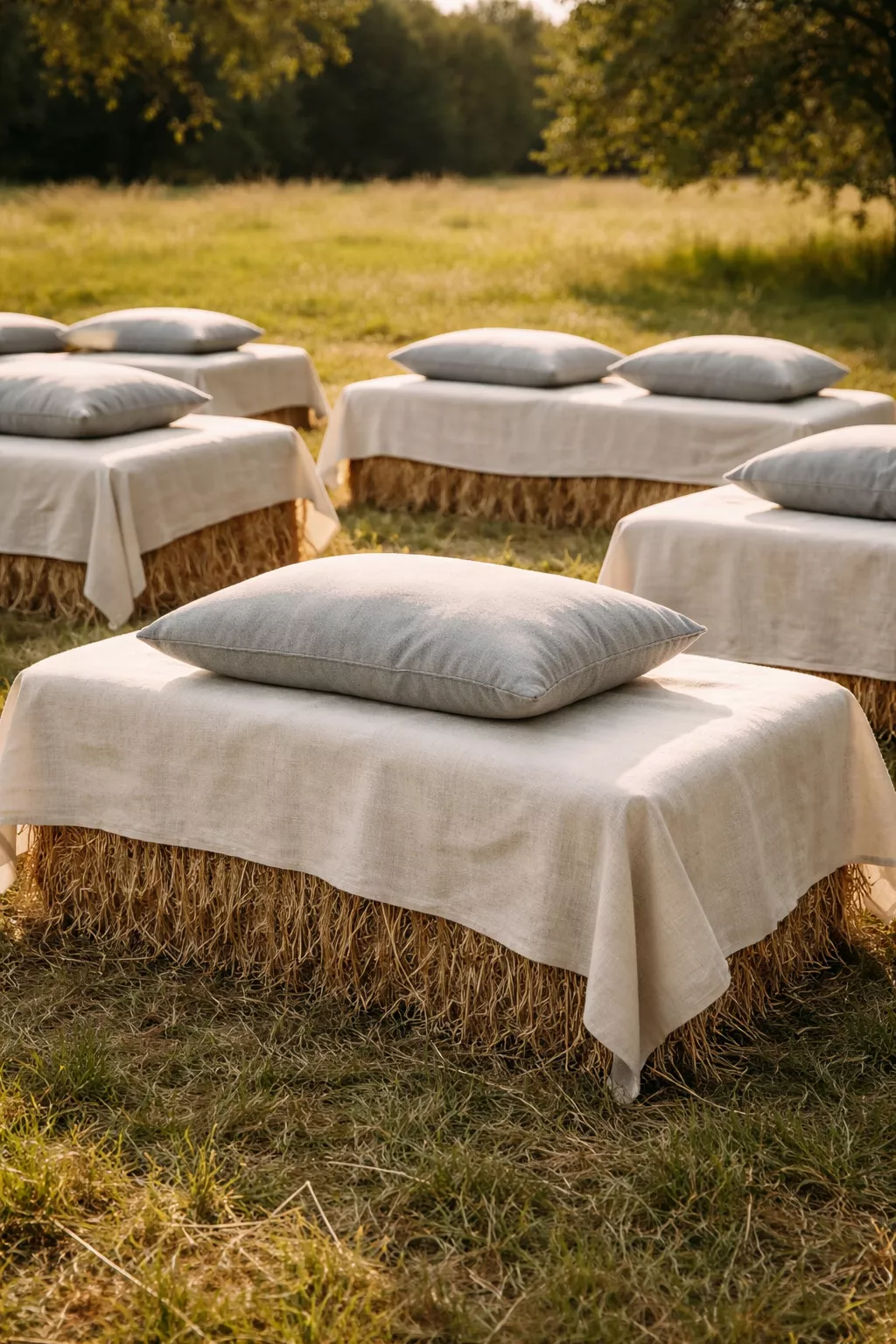 Cozy Hay Bale Seating A realistic photo of several rectangular hay bales covered in cream colored linen fabric and topped with soft grey cushions in a sunny outdoor field.