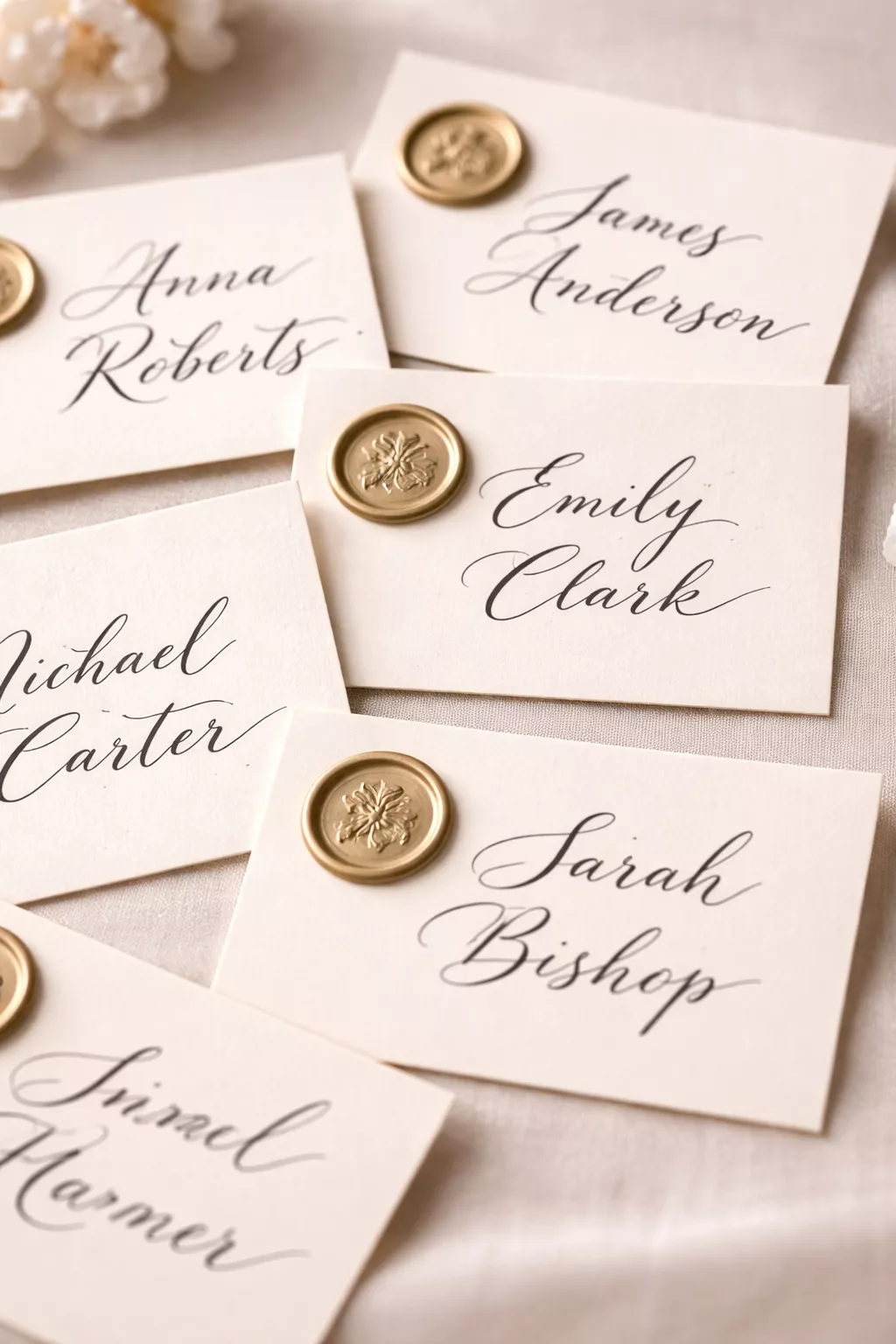 Calligraphy Place Cards A realistic photo of several thick cream cardstock place cards with guest names written in elegant black ink calligraphy, featuring a small gold wax seal on the corner.