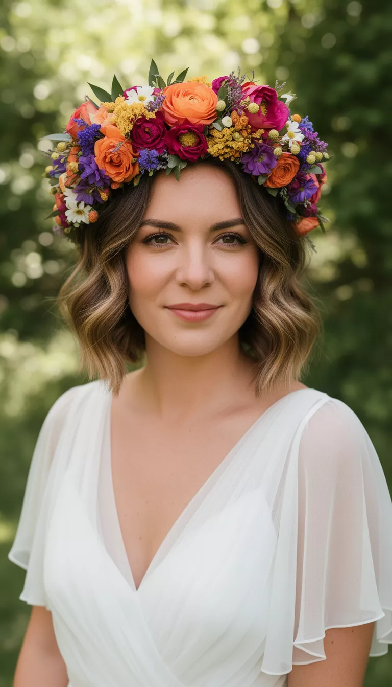 close-up casual photo of a 32-year-old bride wearing a breezy chiffon wedding dress with short natural waves and a vibrant flower crown, shot with an iPhone 15 Pro Max