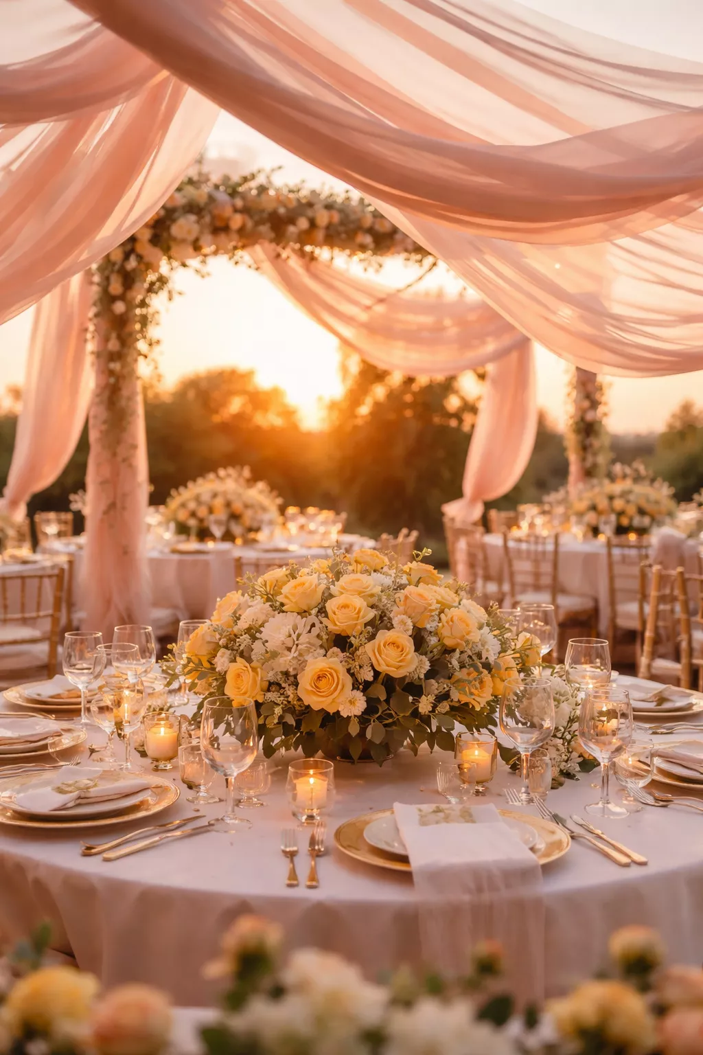 Sunset Glow Radiance A realistic photo of an outdoor wedding at golden hour with layered pink and soft orange chiffon fabrics blowing in the wind and yellow rose centerpieces.