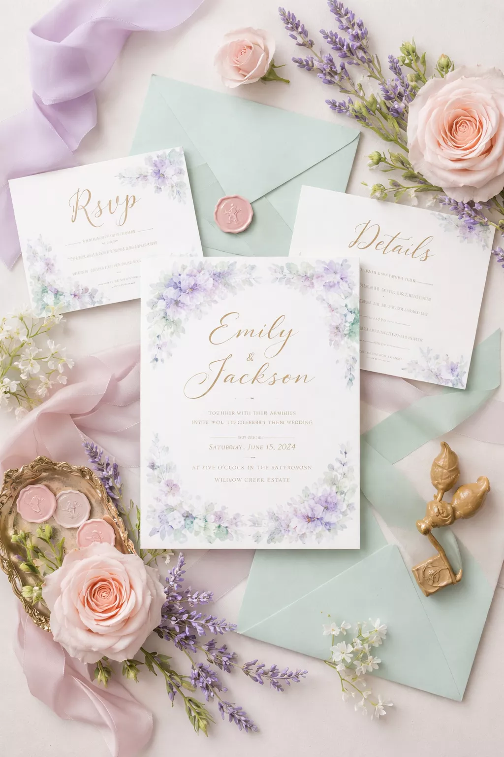 A realistic photo of wedding invitations on a flat surface featuring soft lavender, mint green, and blush pink colors.