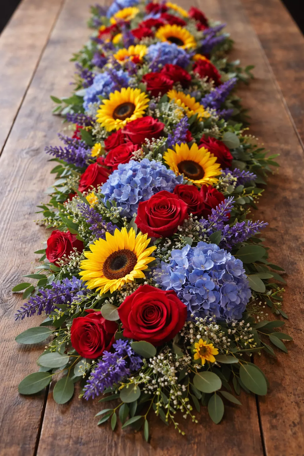Vibrant Rainbow Floral Touches A realistic photo of a long table garland made of red roses, yellow sunflowers, purple lavender, and blue hydrangeas on a rustic wood surface.