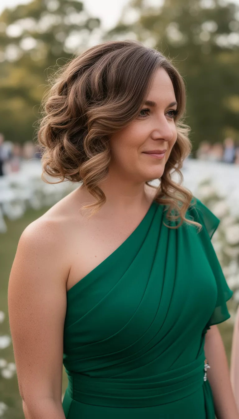 close-up casual photo of a 35-year-old wedding guest wearing an emerald green one-shoulder dress with side-swept romantic curls, side view, shot with an iPhone 15 Pro Max