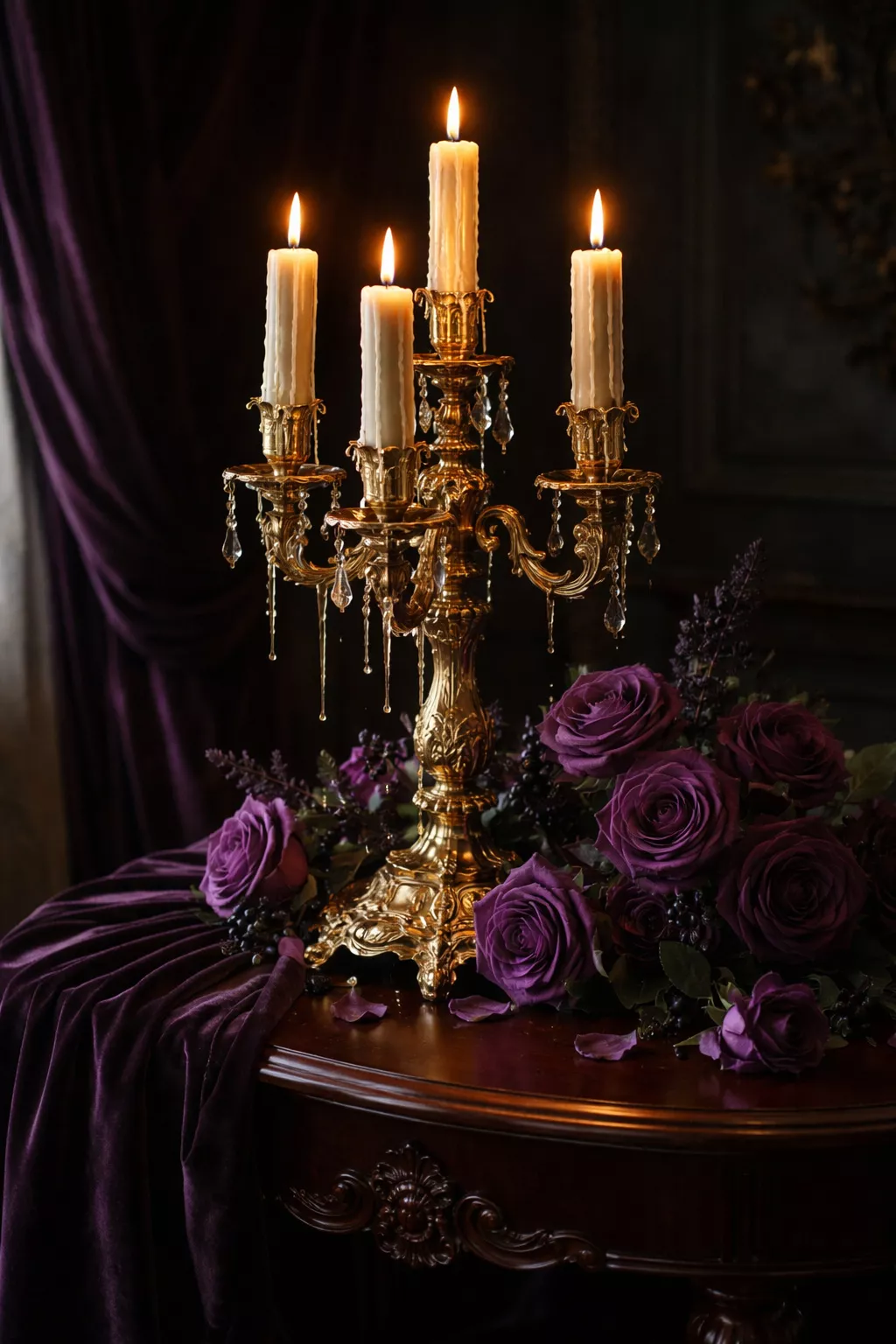 A realistic photo of a gold dripping candelabra with purple roses and dark velvet fabric on a mahogany table.