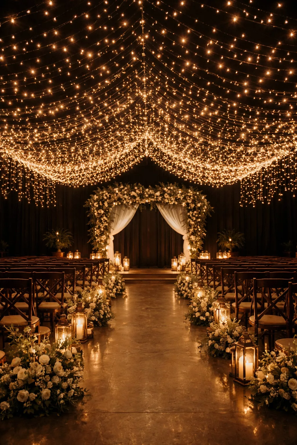 A realistic photo of a dark room with hundreds of warm white hanging string lights forming a glowing starry canopy over a ceremony space.