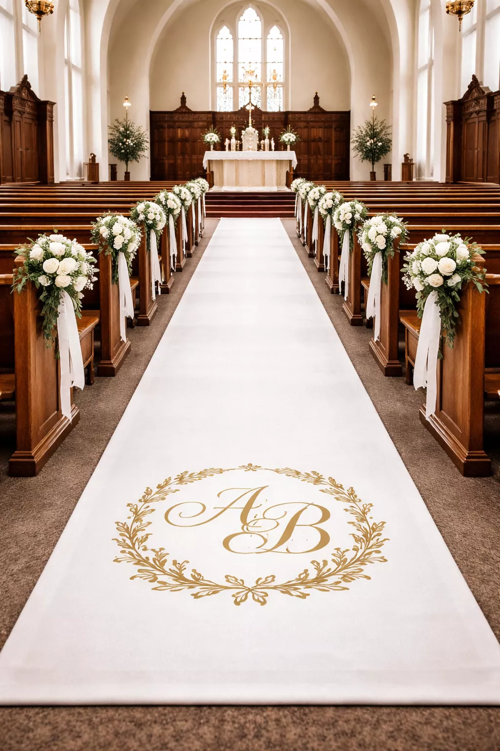A realistic photo of a long white fabric aisle runner with a gold foil monogram at the start leading through a traditional church sanctuary.