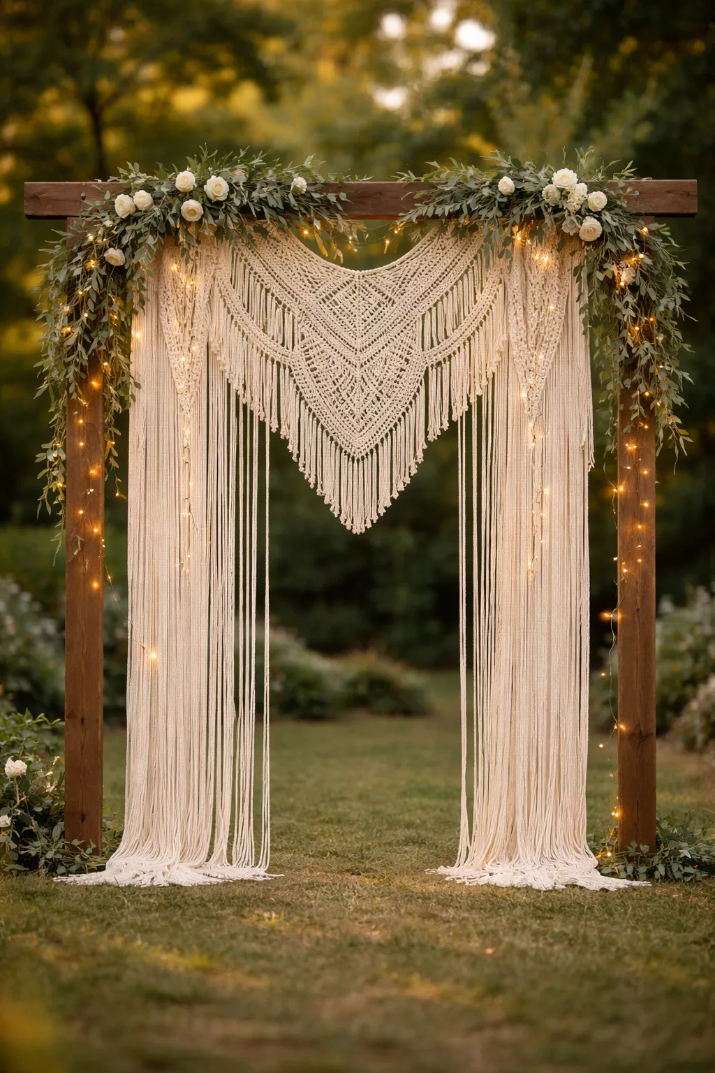 Macrame Wedding Arch A realistic photo of a large cream macrame wedding arch hanging from a sturdy wooden frame, adorned with eucalyptus leaves and warm white fairy lights against a blurred garden backdrop.